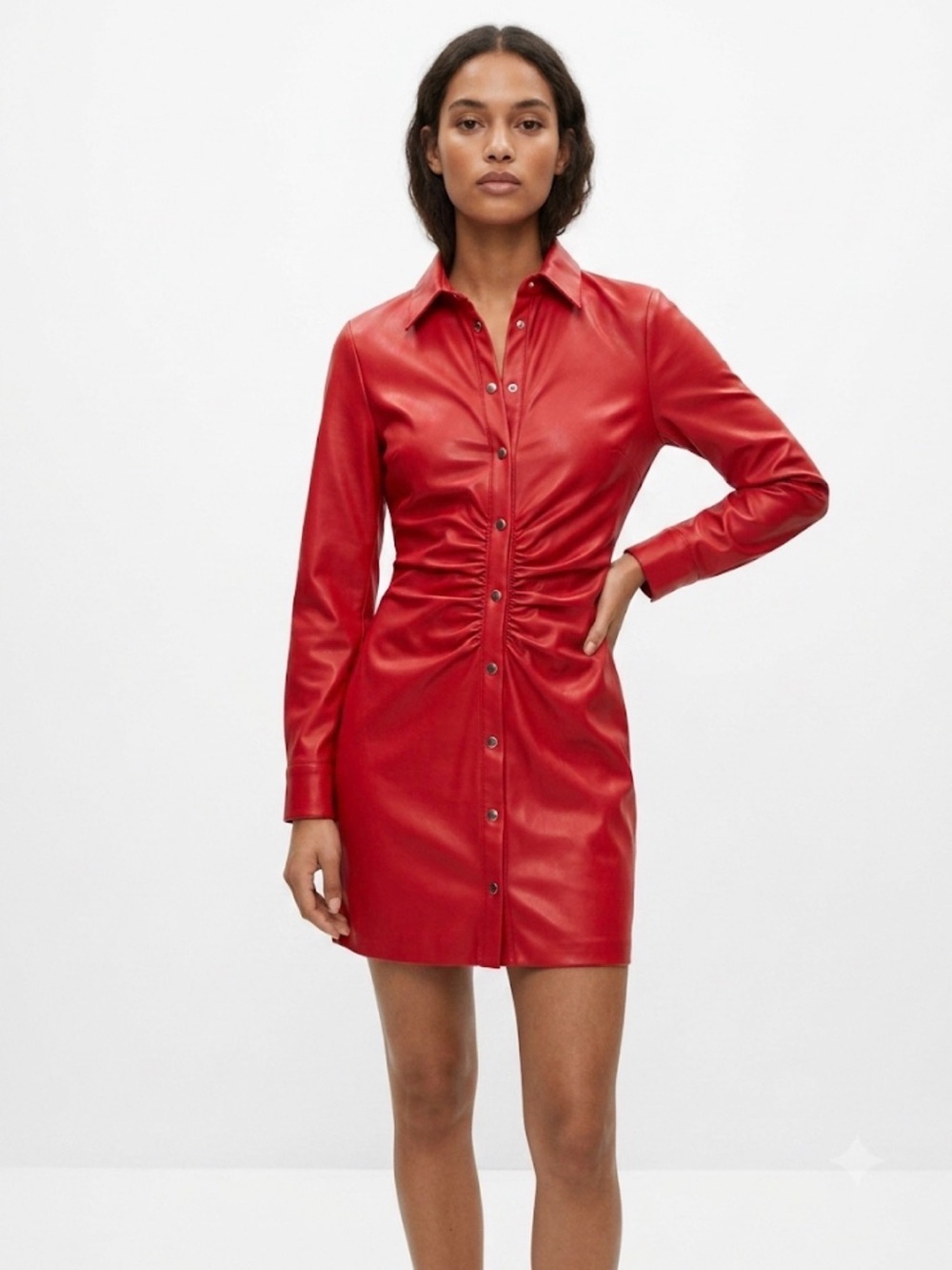 ZARA Red Faux Leather Button Front Ruched Shirt Dress Women’s Medium